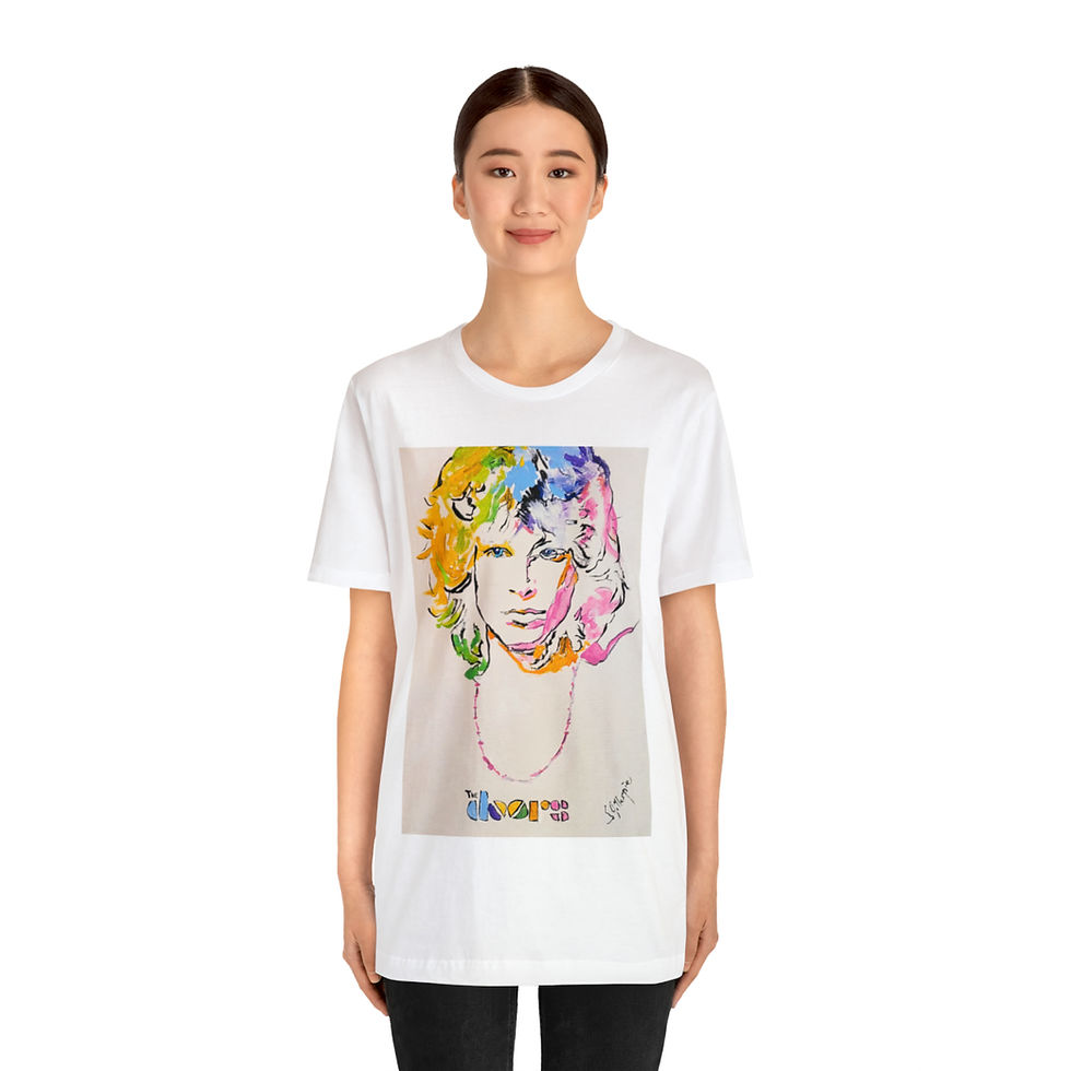 Thumbnail: A short sleeve t-shirt featuring a colorful, artistic portrait of Jim Morrison. The artwork uses a watercolor style with vibrant hues to depict the iconic musician. The product is titled 'Jim Morrison Short Sleeve Tee.