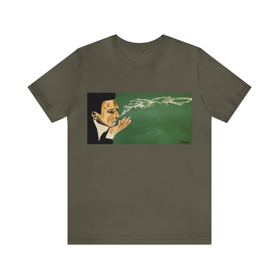 Thumbnail: A t-shirt featuring an illustration of Johnny Cash smoking a cigarette. The artwork portrays 'The Man in Black' in a minimalist style against a green background. The product is titled 'Smokin' Cash: The Man in Black T-Shirt.'