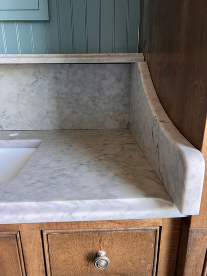 Marble countertop detail in the Gibbes primary suite renovation