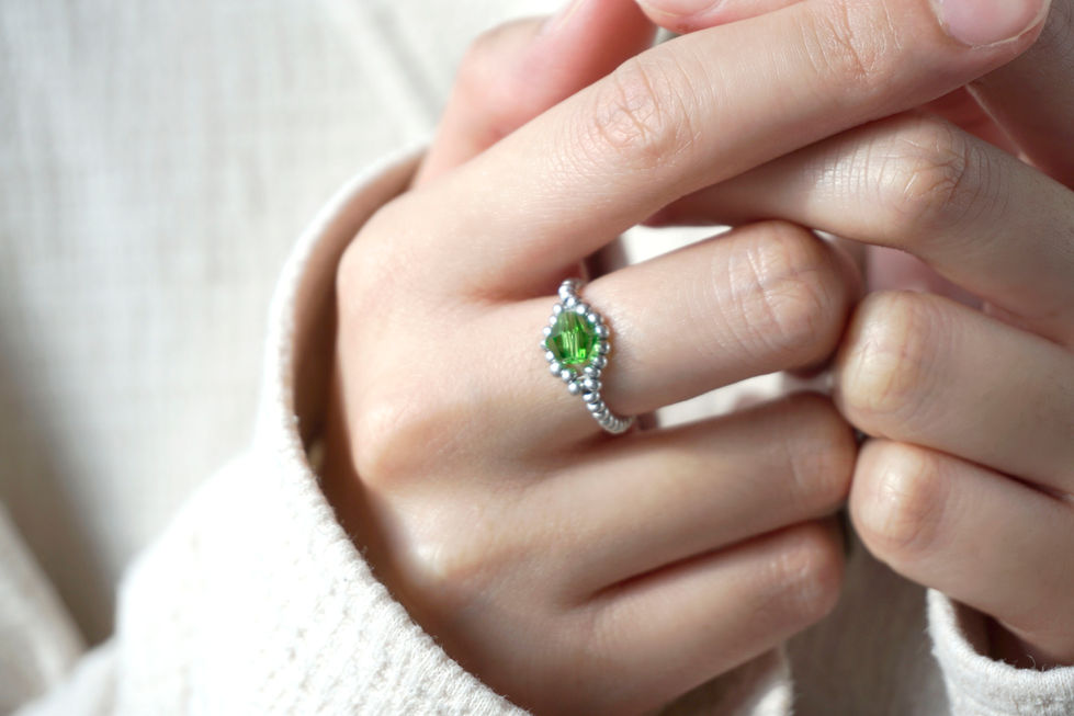 Hand Beaded Diamond Ring Silver with Green