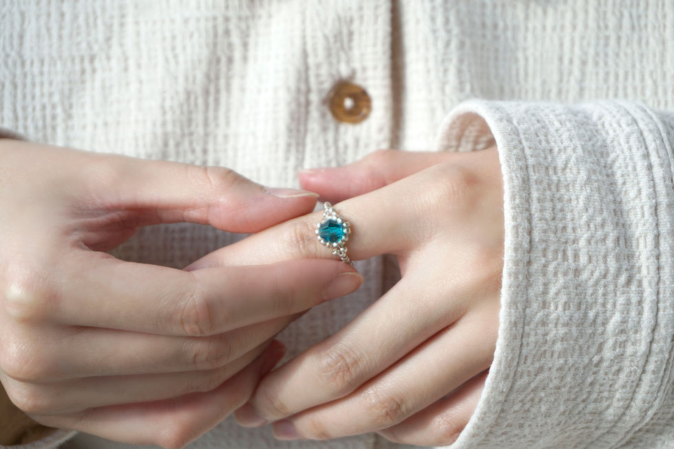 Hand Beaded Diamond Ring Silver with Blue