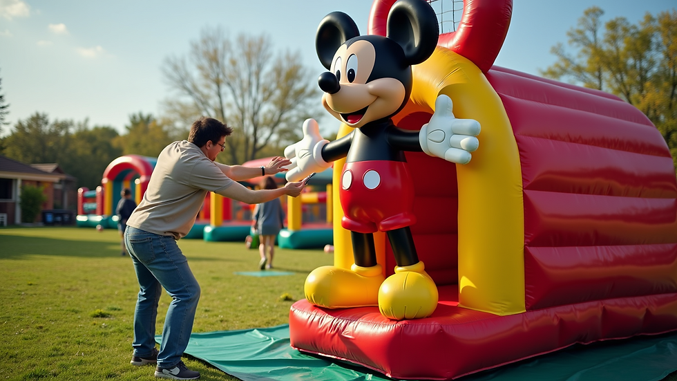 High angle view of a colorful Mickey Mouse inflatable being set up outdoors