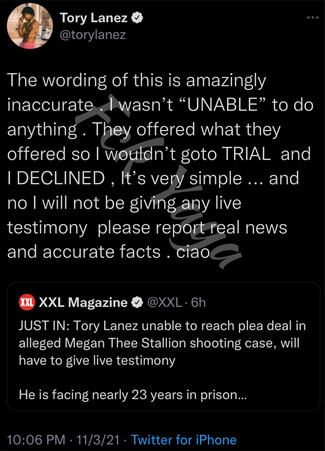 Tory Lanez Tweets That He Turned Down A Plea Deal in His Case Of Shooting Megan Thee Stallion.