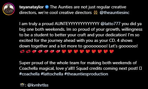 Well, one of the reasons for Latto's growth as a performer is her partnership with Teyana Taylor, who revealed on Sunday that she is Latto's Creative Director. Taylor's Aunties Production, known for its work on music videos for Monica, Queen Naija, and Macy Gray, is behind Latto's recent performances. This move of working with Teyana, a creative woman, highlights the importance of choosing collaborators wisely rather than just giving spots to those with social media followings and the ability to "spill tea."
