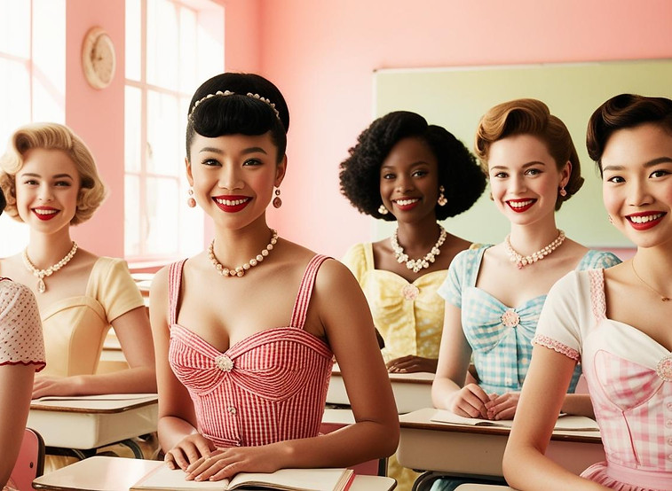 6 charming women from different ethnics, wearing a 1950 cute dresses and hair style,sittin