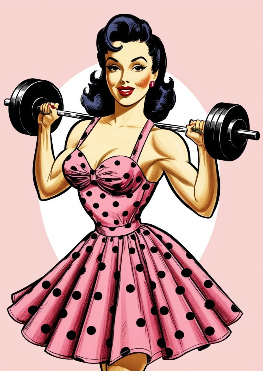 A full-body woman, with dark hair wearing a pink 50's dotted dress, lifting a dumbbell wei