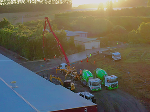 Aerial view of concrete pour for large commercial driveway entrance – Razorback Group Waikato
