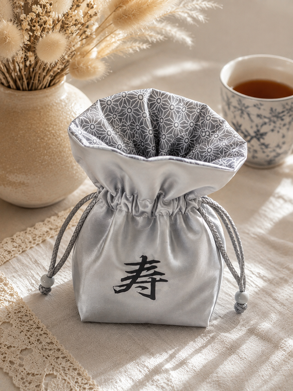 Sac bourse artisanal en satin gris brodé, doublure en coton imprimé - Les Tissus de Sophie.