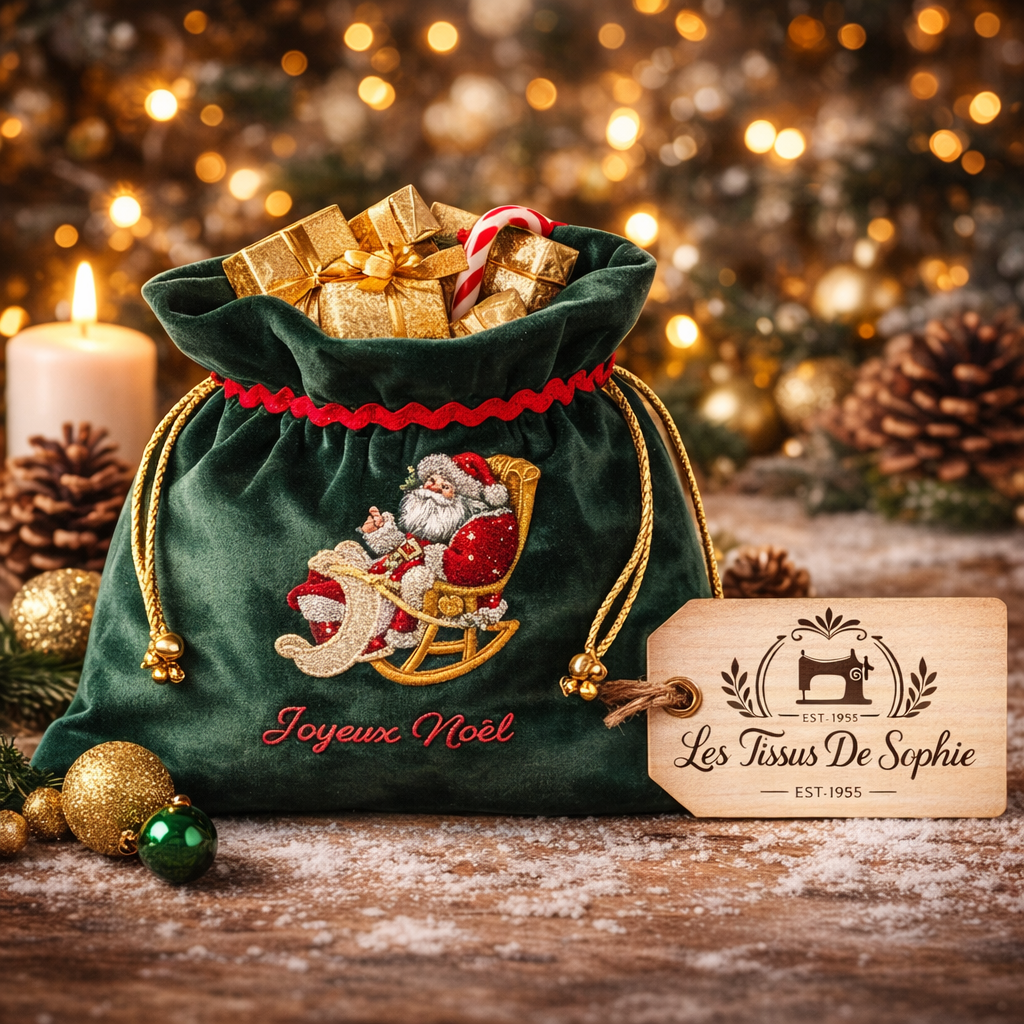 Pochon cadeau de Noël en velours brodé dans une ambiance festive