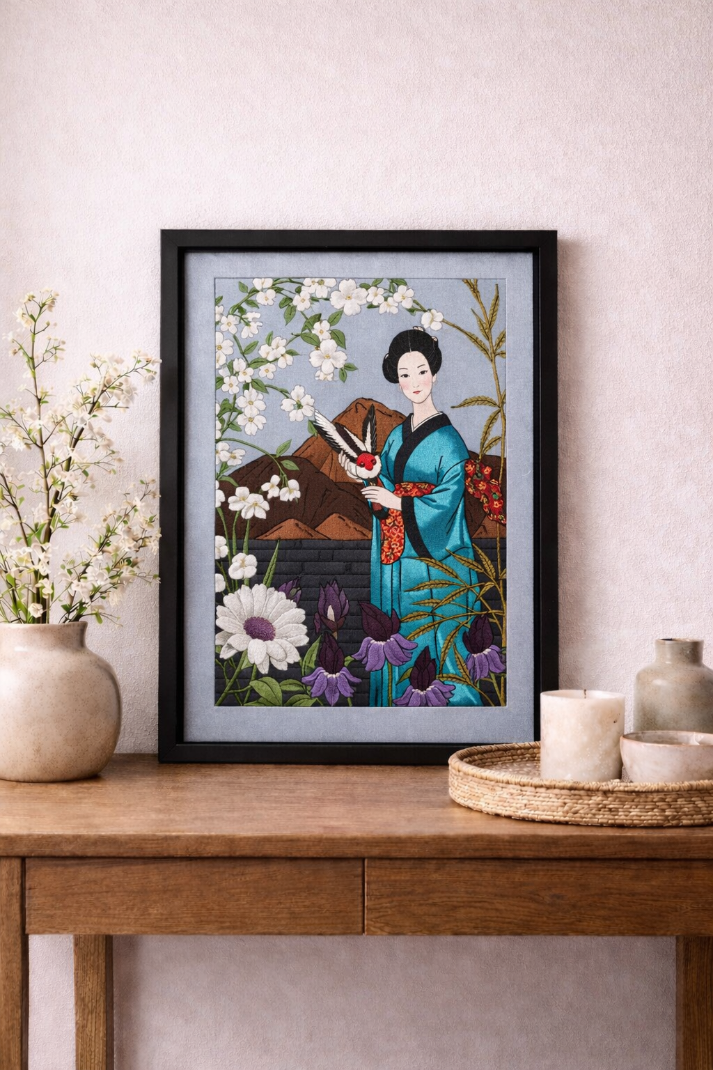 Tableau geisha en patchwork textile encadré - vue d'ensemble