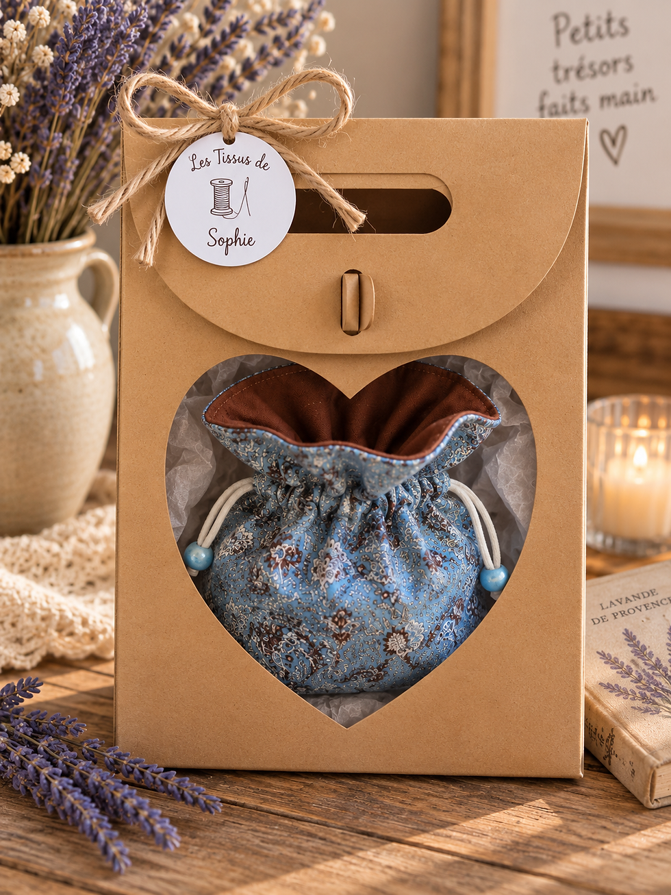 Miniature : Sac bourse en coton présenté dans son emballage cadeau en forme de cœur kraft