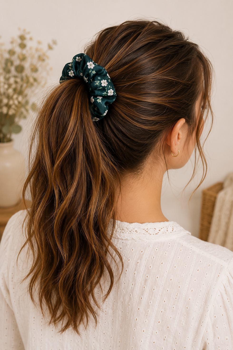 Thumbnail: Chouchou en polyester vert profond à petites fleurs blanches porté en queue de cheval.