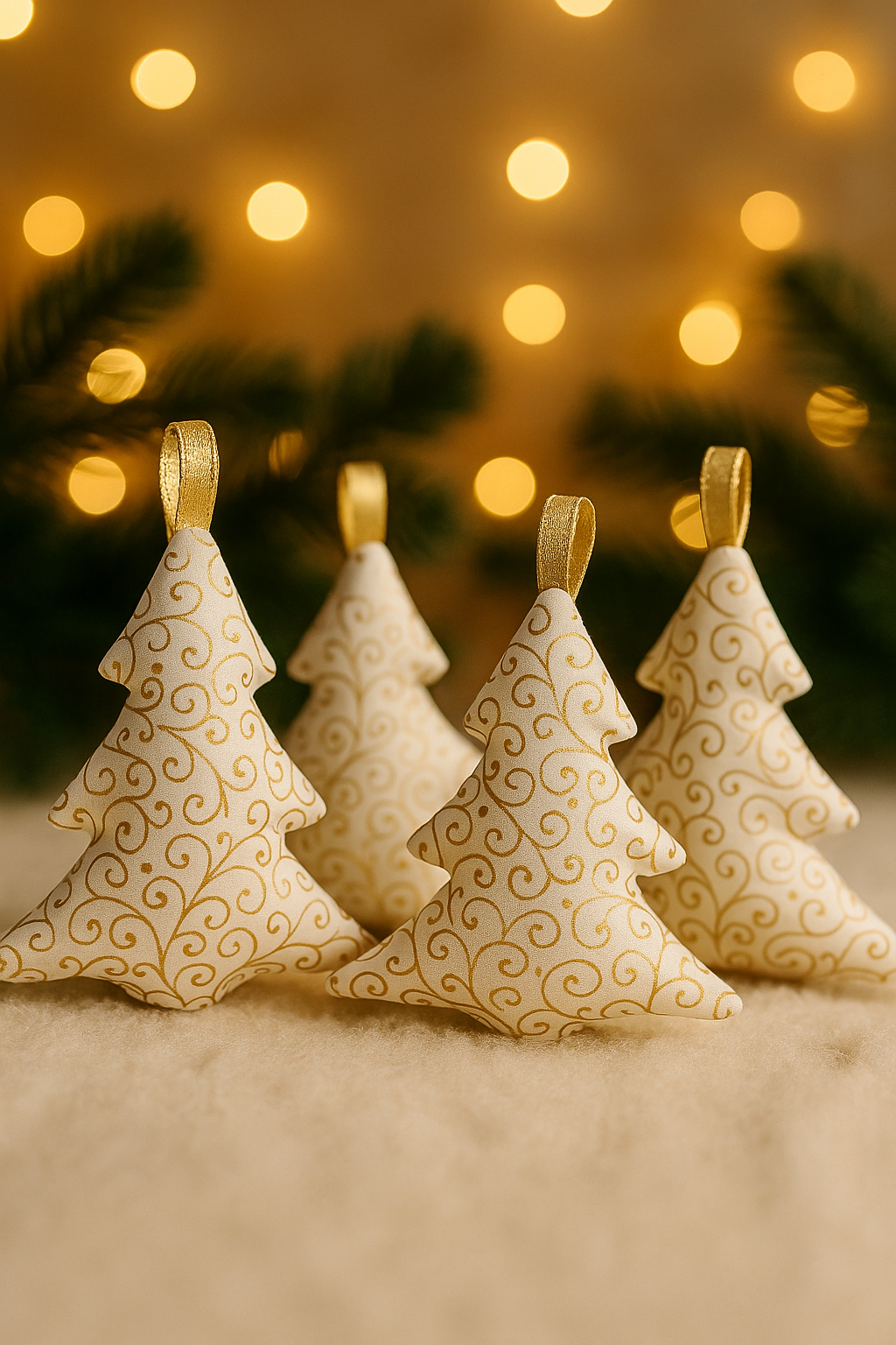 Lot de 4 sapins décoratifs en tissu beige et doré, faits main, présentés dans une ambiance de Noël chaleureuse