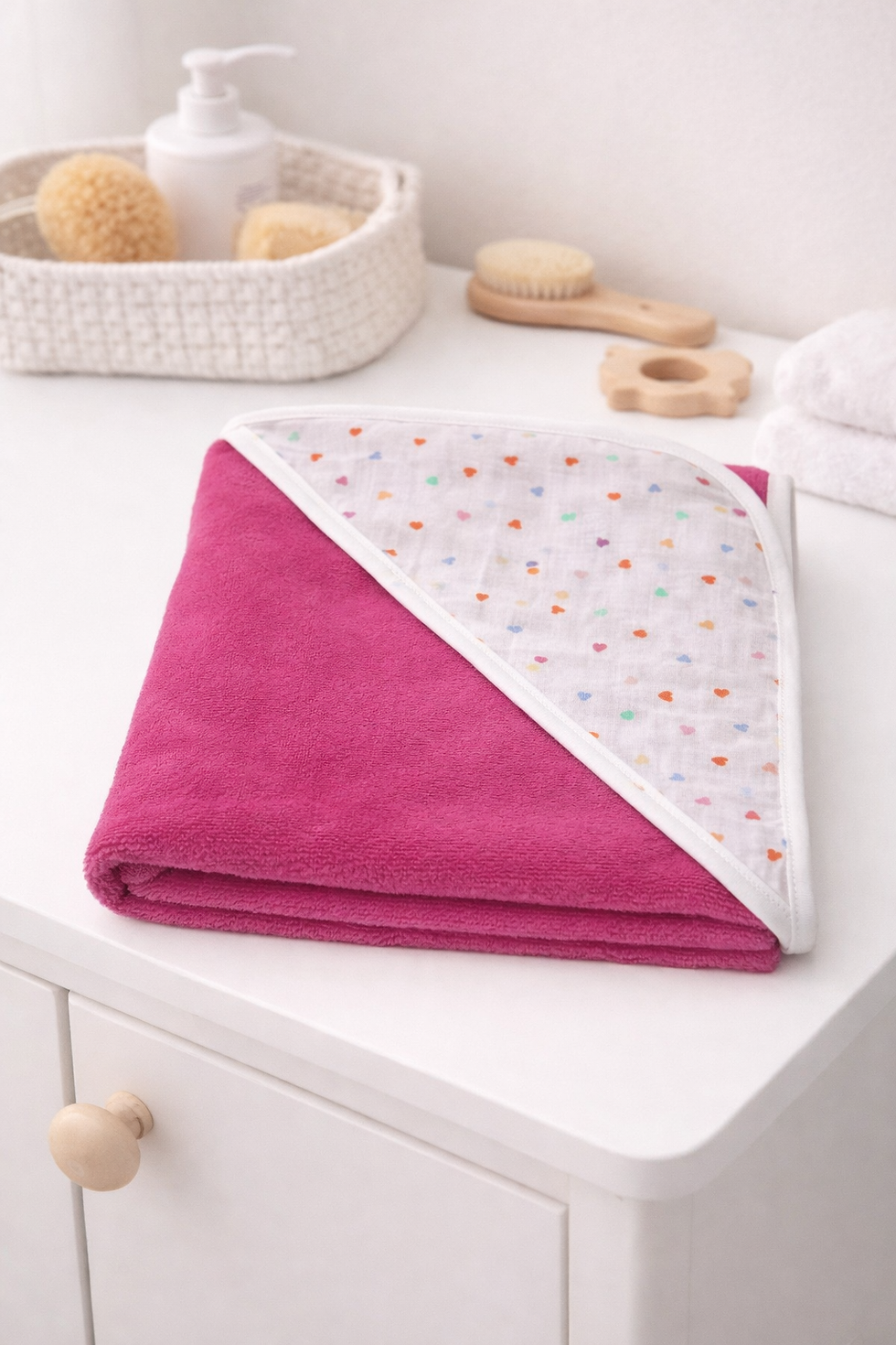 Cape de bain bébé en coton de bambou rose fuchsia, doublée tissu motifs cœurs, fait main