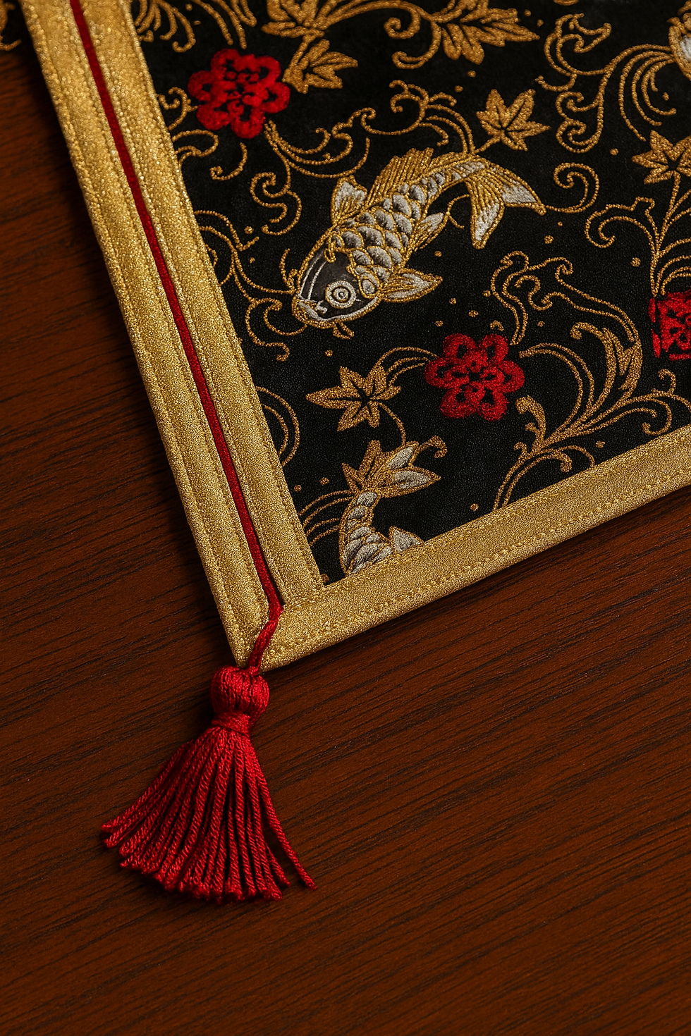 Miniature : Chemin de table japonais Koi - Noir & Or (doublure rouge)