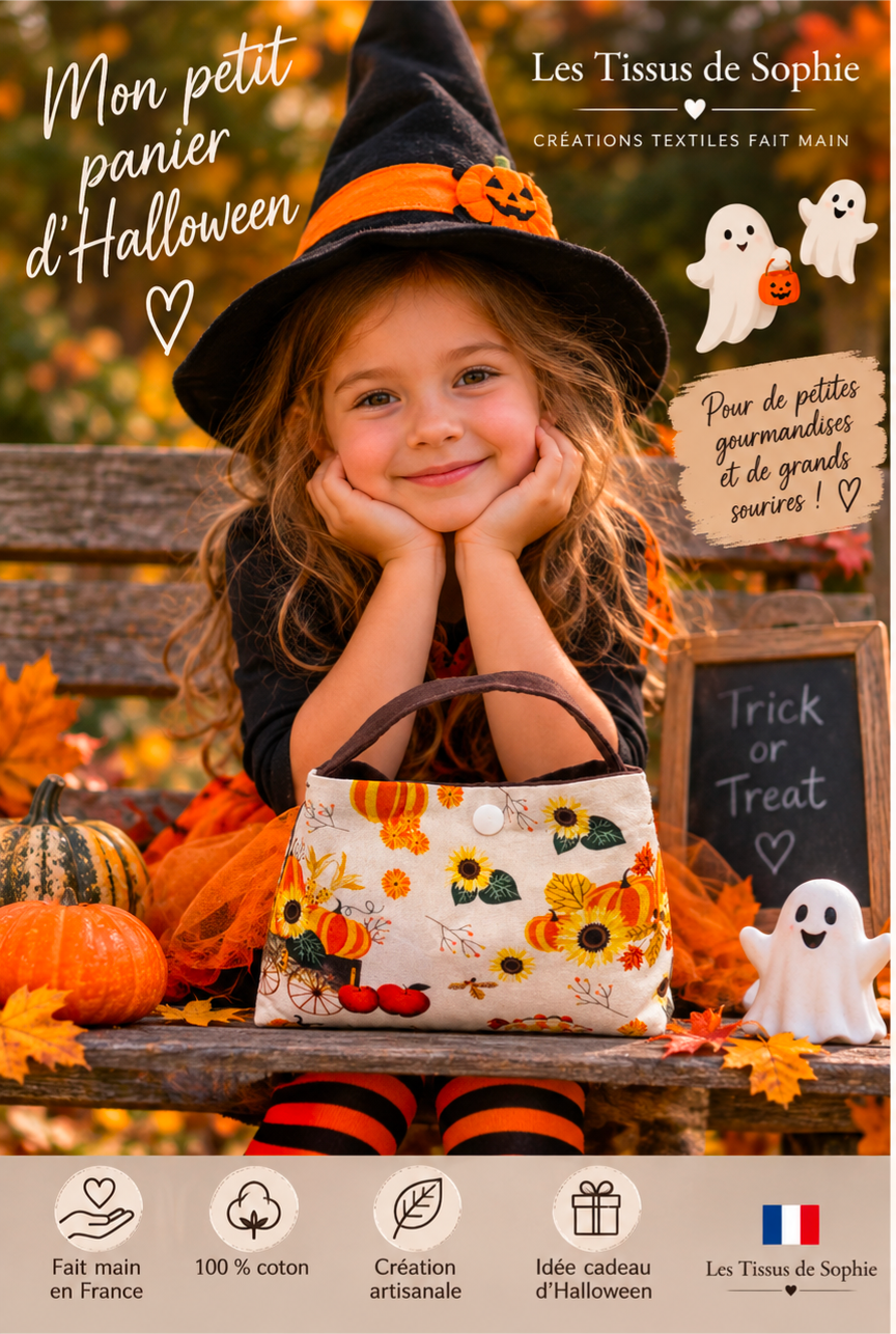 Petit panier à bonbons Halloween fait main porté par une enfant, tissu citrouilles et tournesols