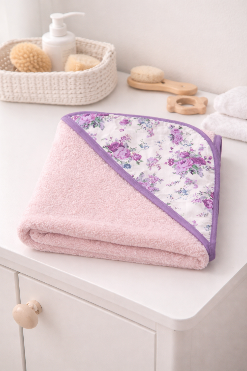 Cape de bain bébé en coton de bambou rose avec capuche fleurie, fait main