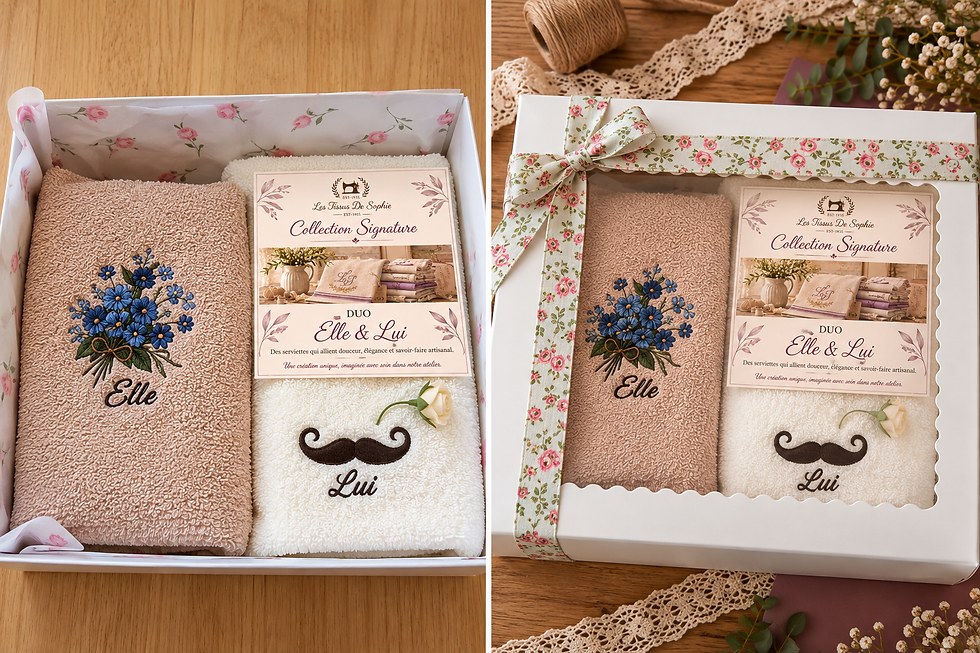 Coffret cadeau ouvert Duo Elle & Lui avec serviettes brodées rose et blanche, présenté avec sa carte Collection Signature