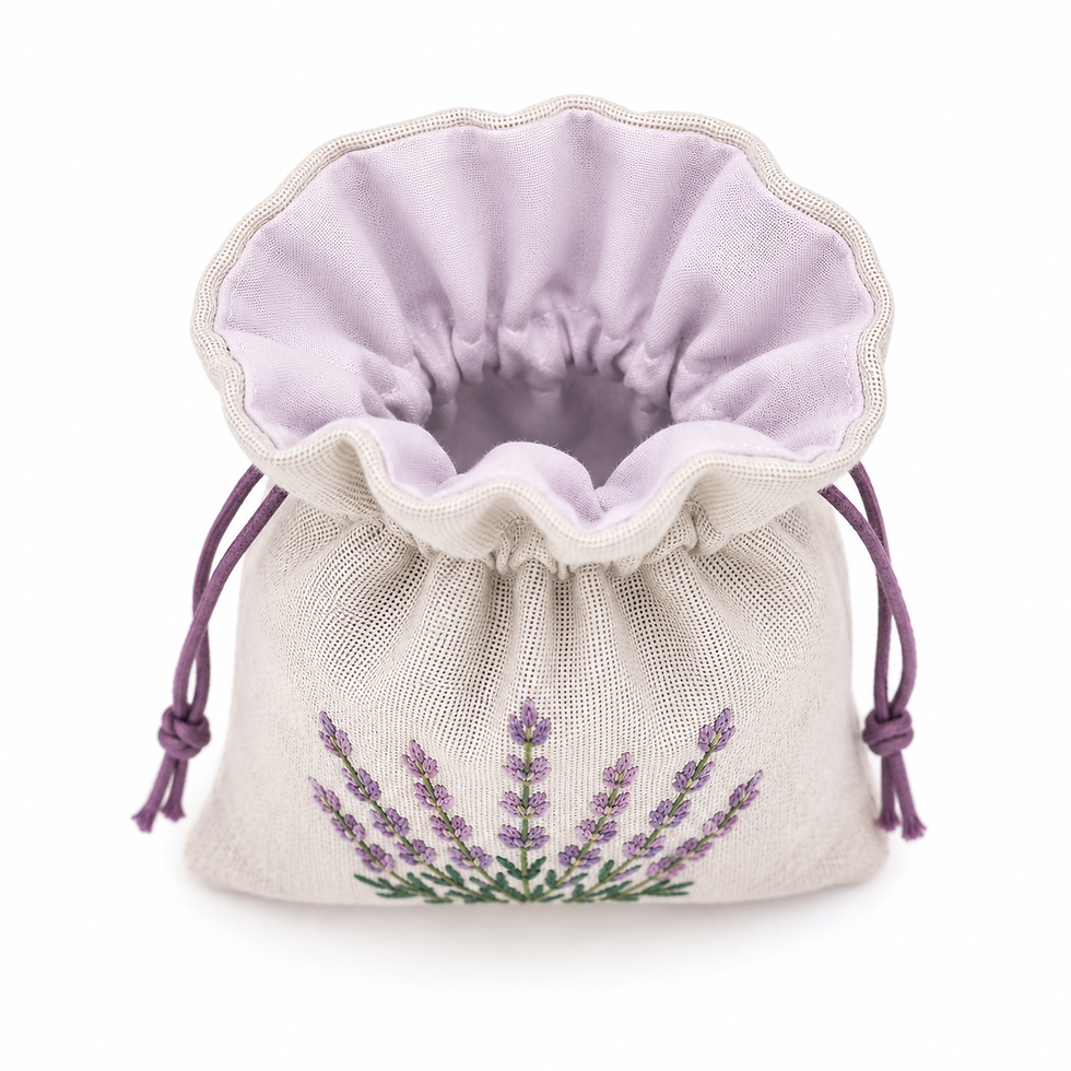 Miniature : Pochon en lin naturel brodé de lavande ouvert montrant sa doublure en coton mauve et sa fermeture par cordon.