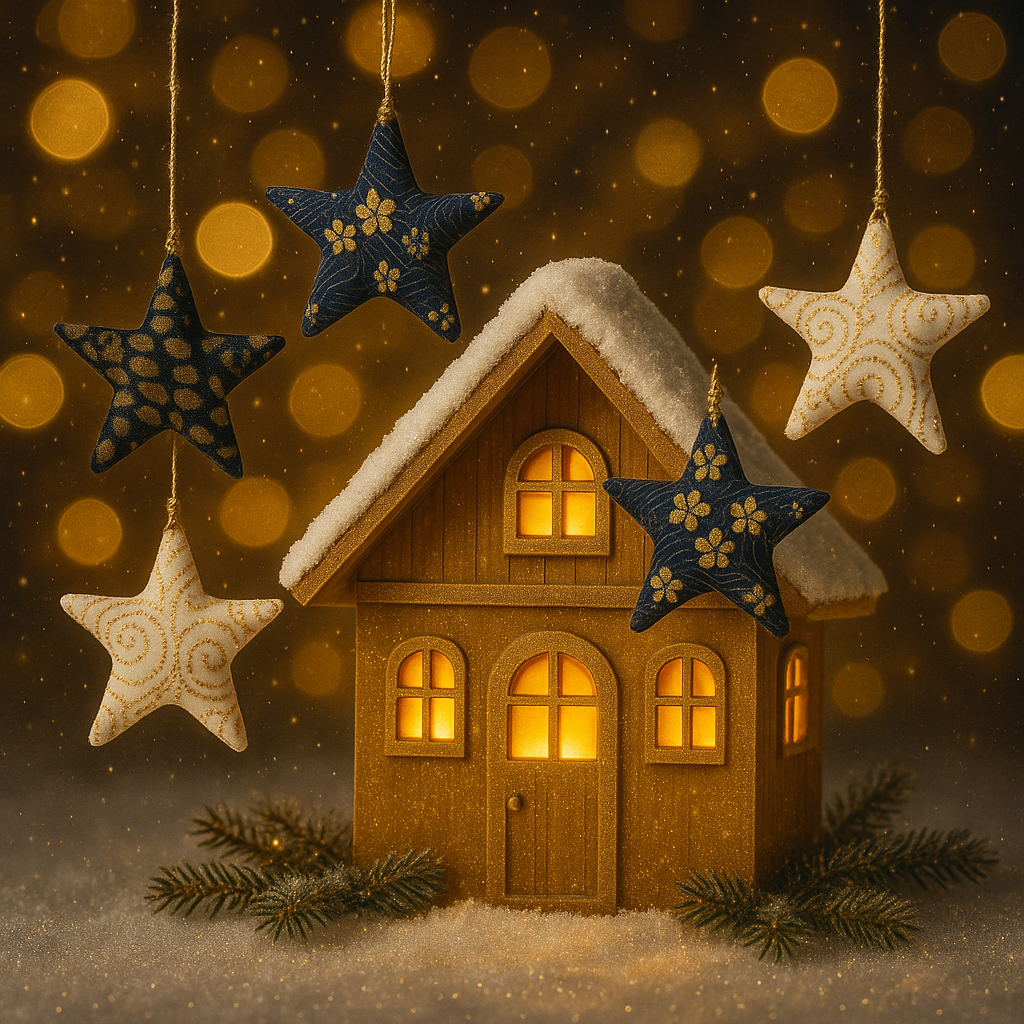 Etoiles scandinaves en tissu suspendues, présentées dans une ambiance de Noël avec maison lumineuse
