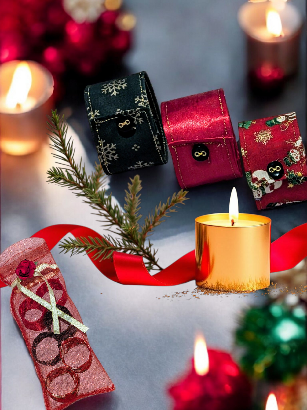 Ronds de serviette en tissu présentés avec accessoires de table de Noël, ambiance festive