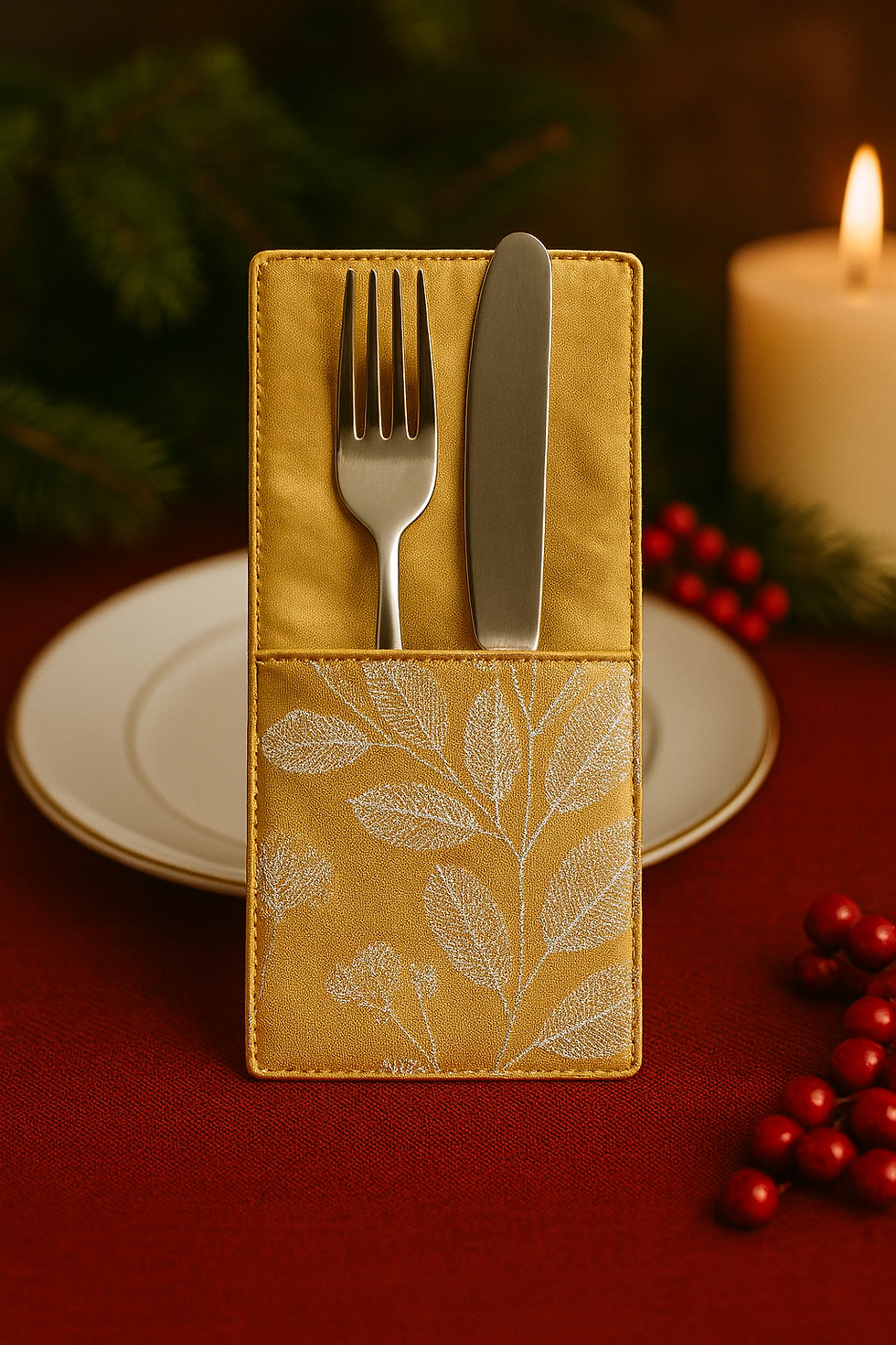 Miniature : Porte-couvert doré en tissu posé sur une assiette de fête, décoration de table de Noël