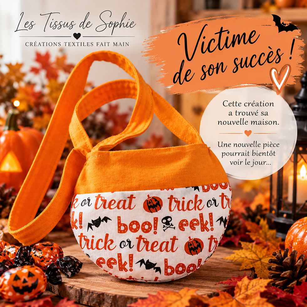 Sac à bonbons Halloween fait main, modèle orange et imprimé Trick or Treat - Victime de son succès - Les Tissus de Sophie