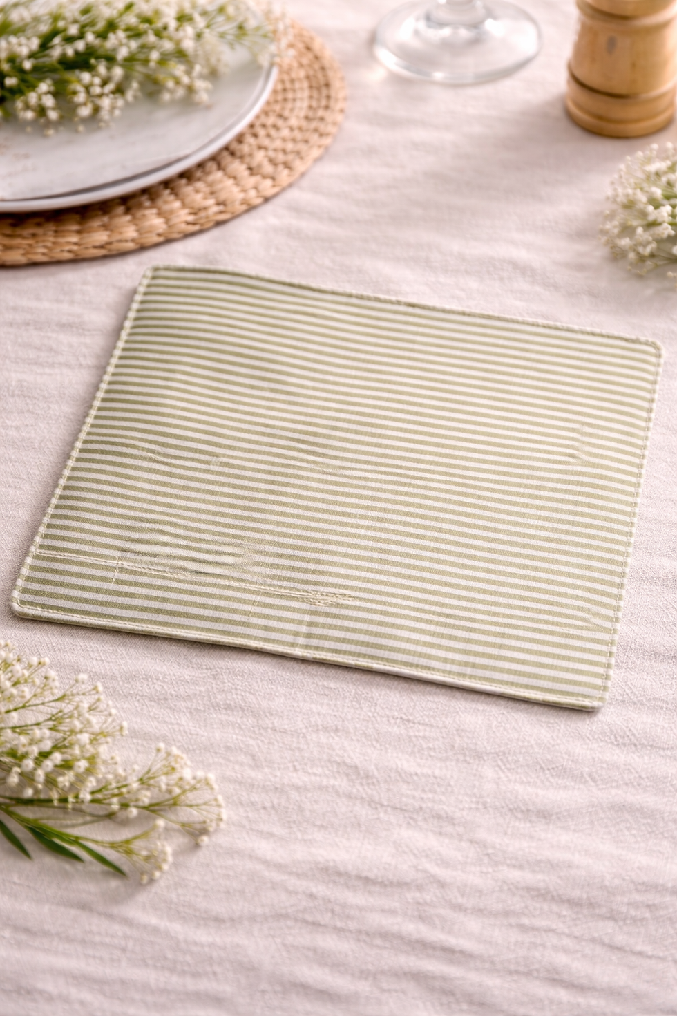Thumbnail: Dos du porte-couvert en coton rayé vert et blanc, finition soignée et couture artisanale
