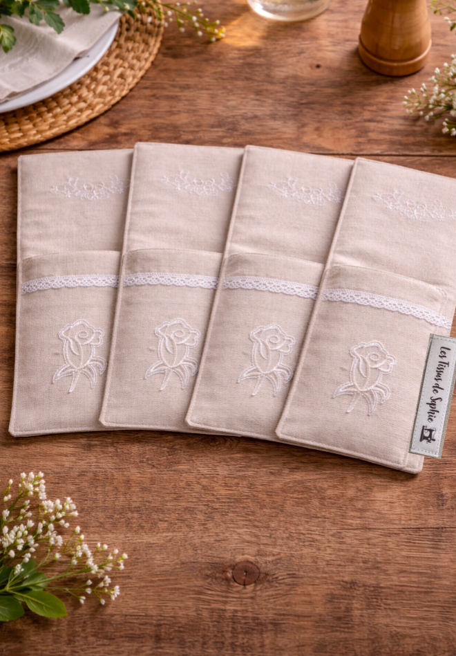 Lot de porte-couverts en lin brodé avec fourchette et couteau, accessoire de table fait main en lin naturel