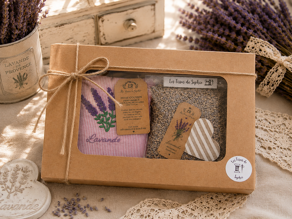 Coffret cadeau lavande fermé, prêt à offrir - Les Tissus de Sophie