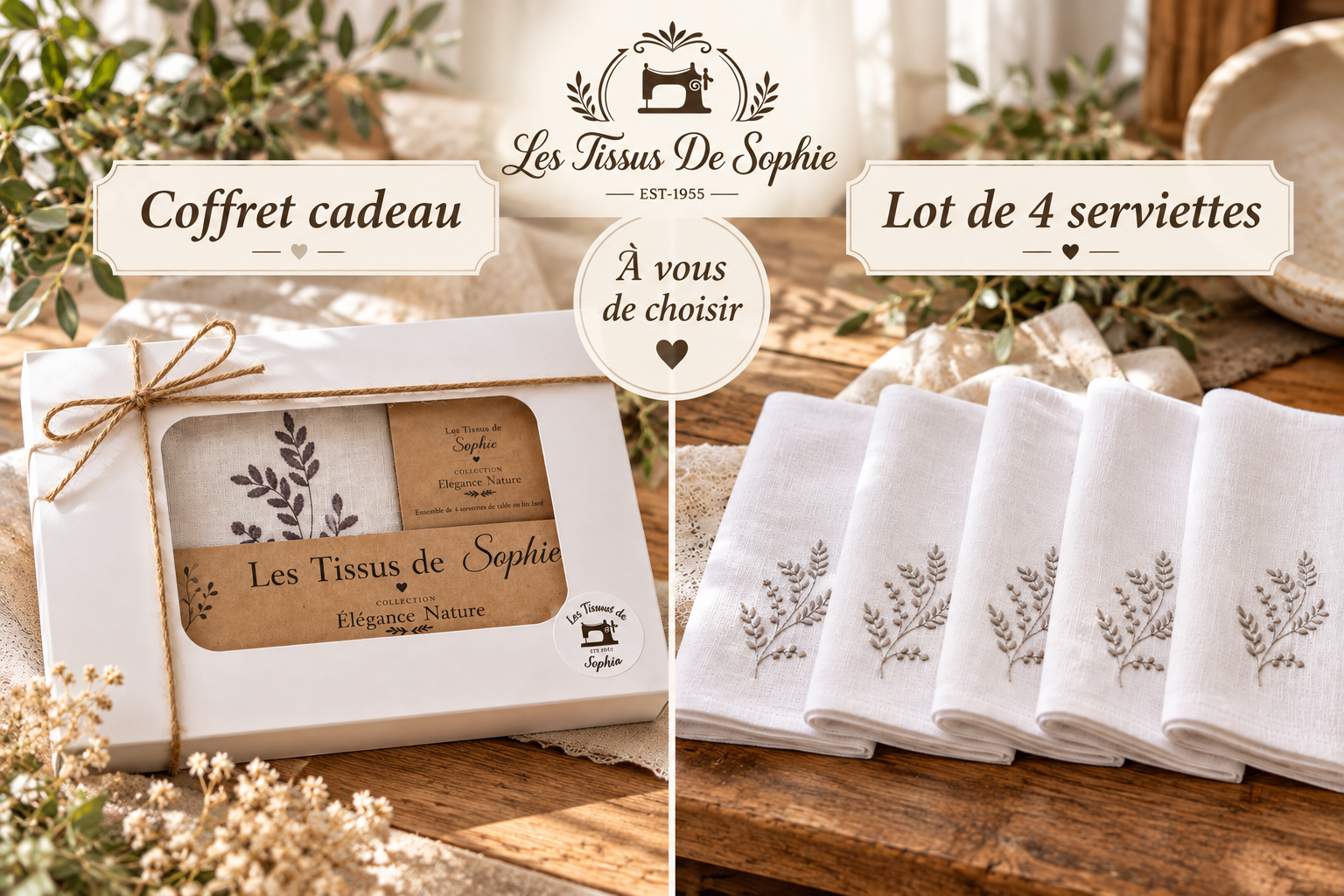 Coffret cadeau ou lot de 4 serviettes de table en lin brodé -Les Tissus de Sophie.