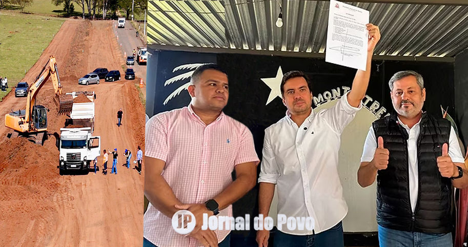 Vereador Thiaguinho, prefeito Vinicius Camarinha e Rogerinho na ordem de serviço para início das obras