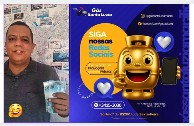 "SEXTOU, LEVA R$ 200" - Hoje tem mais sorteio de prêmio em dinheiro no Gás Santa Luzia. Participe! 