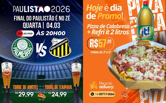Hoje tem promoções e final do Paulistão ao vivo na Lanchonete do Zé e na Pizzaria do Zé. Vem pra cá! 