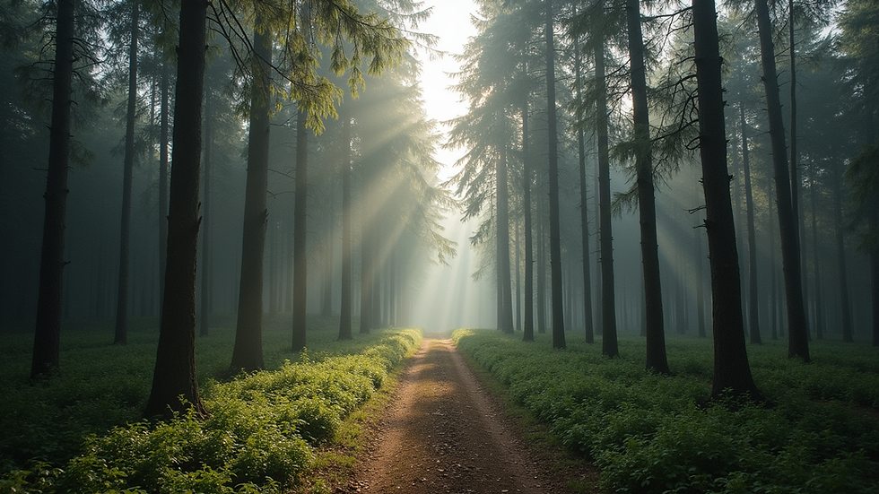 Wide angle view of a serene forest landscape