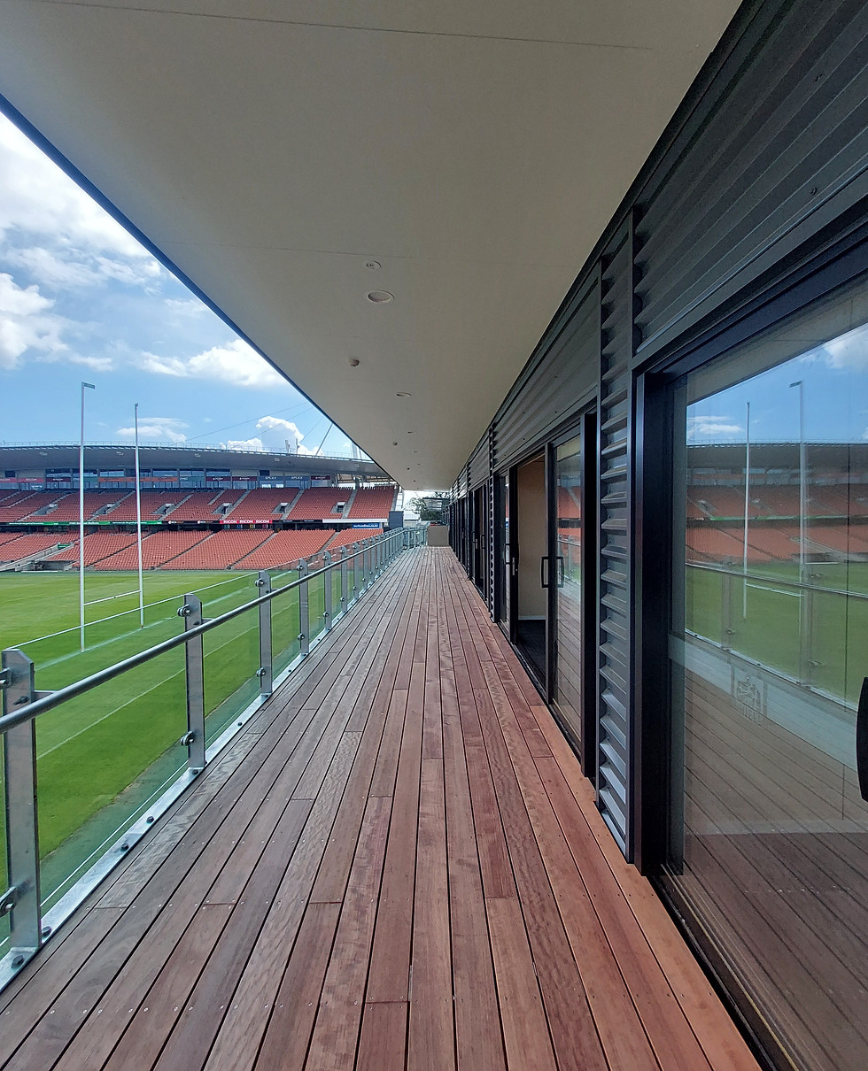 Metal soffit and fascia installation at Waikato Stadium — commercial roofing by RMR