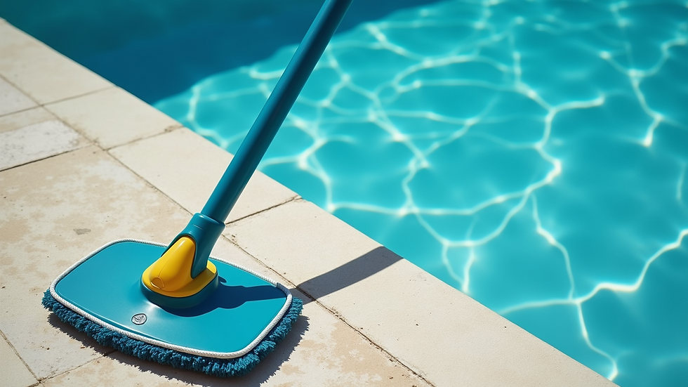 High angle view of pool cleaning tools laid out on pool deck