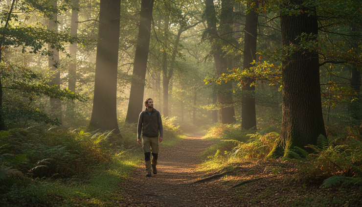 Eye-level view of a person walking alone on a forest path.