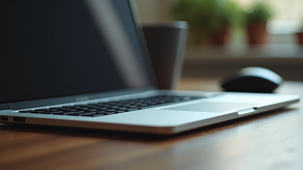 Eye-level view of a laptop keyboard and mouse on a wooden desk