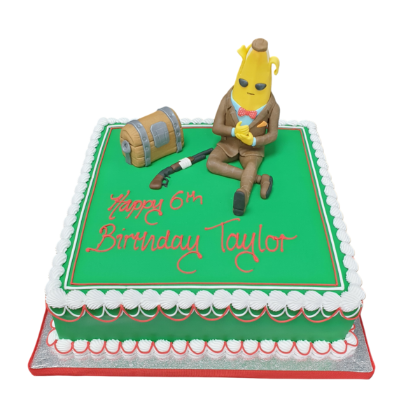 Unique Fortnite Banana Man themed cake with intricate details and vibrant colors, perfect for fans of the popular video game.