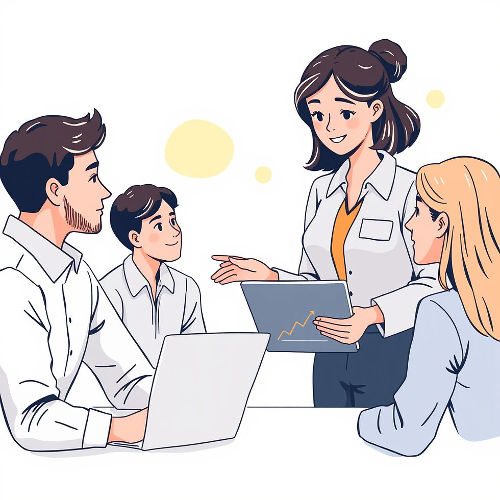 coach or mentor (girl) guiding a small group of employees, showing progress on a laptop sc