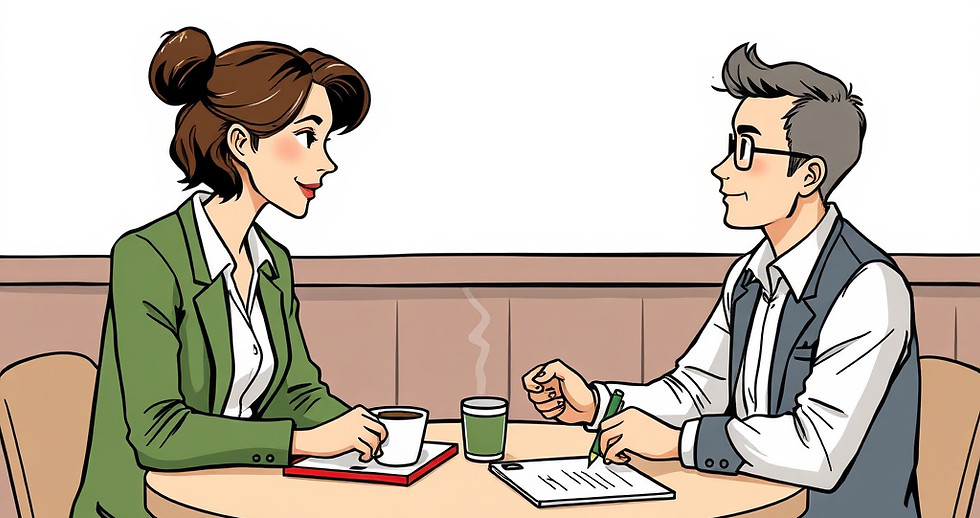 Entretien annuel entre une RH et un salarié batiment , une table et tasse de café, noteboo