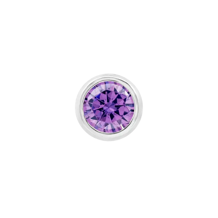 Junipurr Jewelry UK 14kt white gold bezel-set decorative end featuring a round purple amethyst gemstone earring