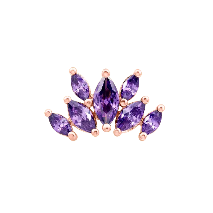 Junipurr Jewelry UK stock rose gold decorative end featuring marquise-cut purple gemstones arranged in a fan-like pattern