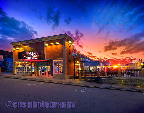 Beautiful sunset exterior photography of the Lamp Theatre in Downtown Irwin