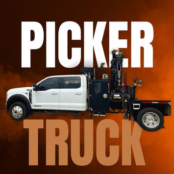 Picker Truck: White heavy-duty pickup with crane