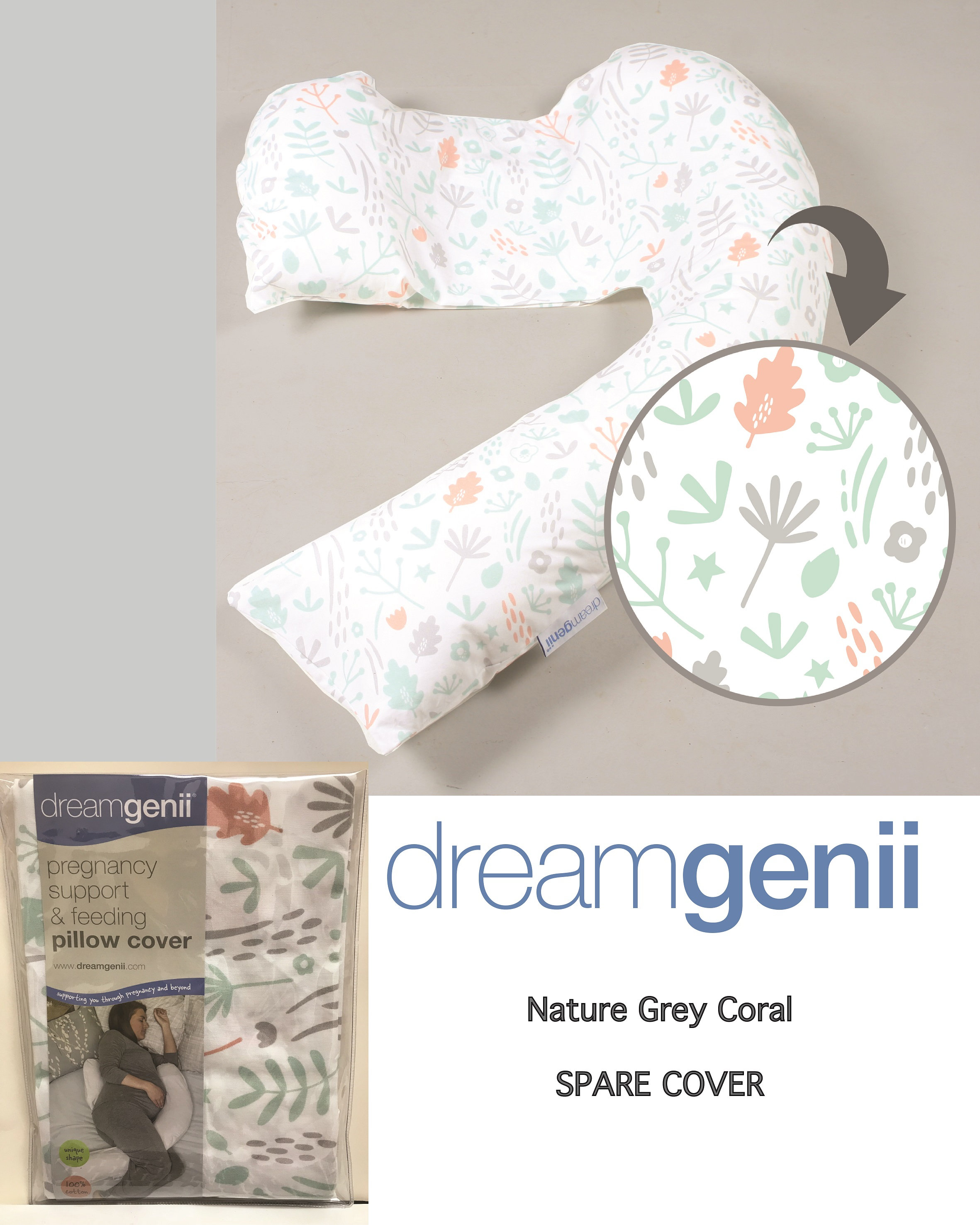 Dreamgenii Pregnancy Support Feeding Pillow Cover Grey Coral