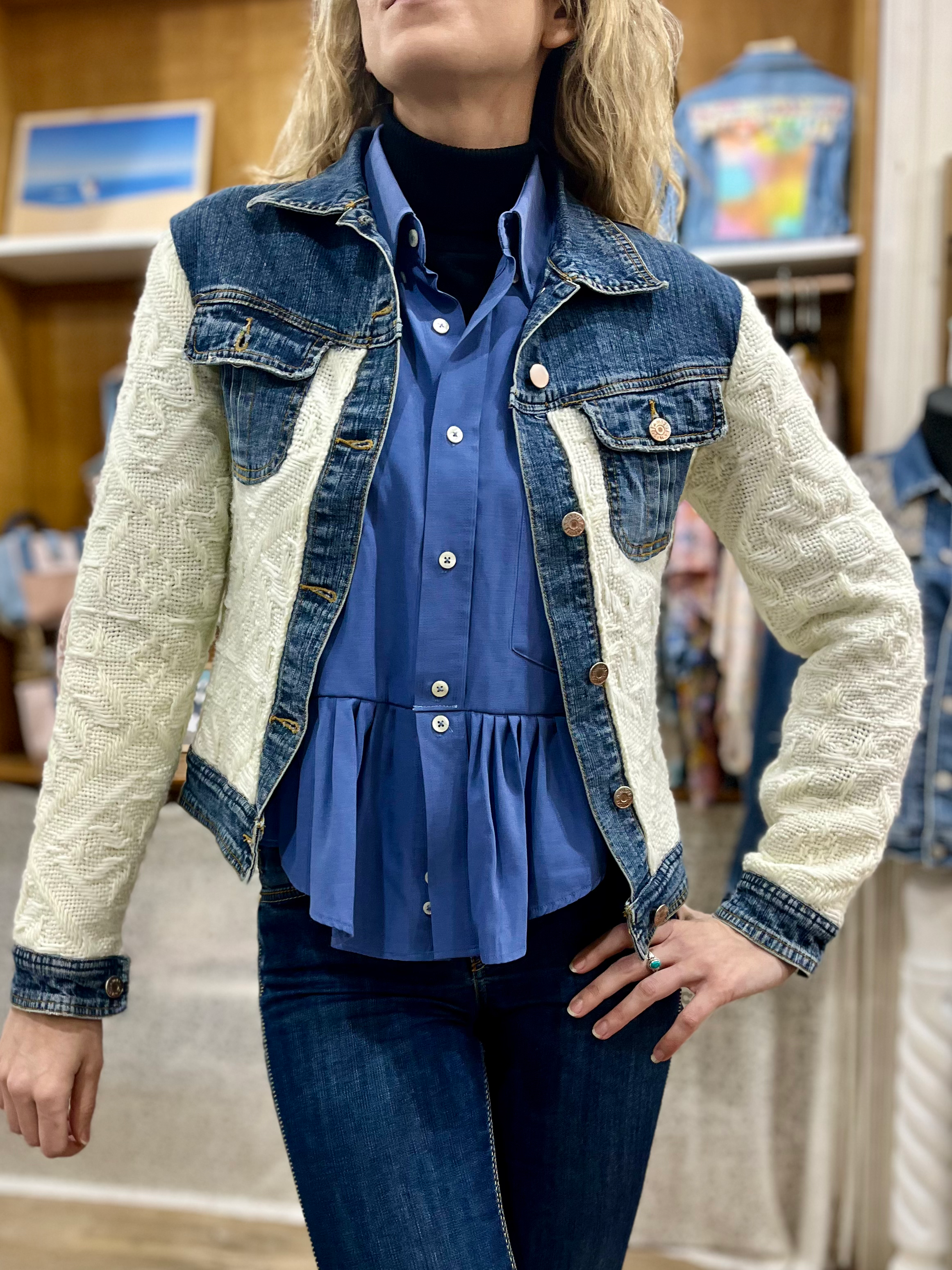 Veste Cocoon T.S - Jean/Plaid Blanc