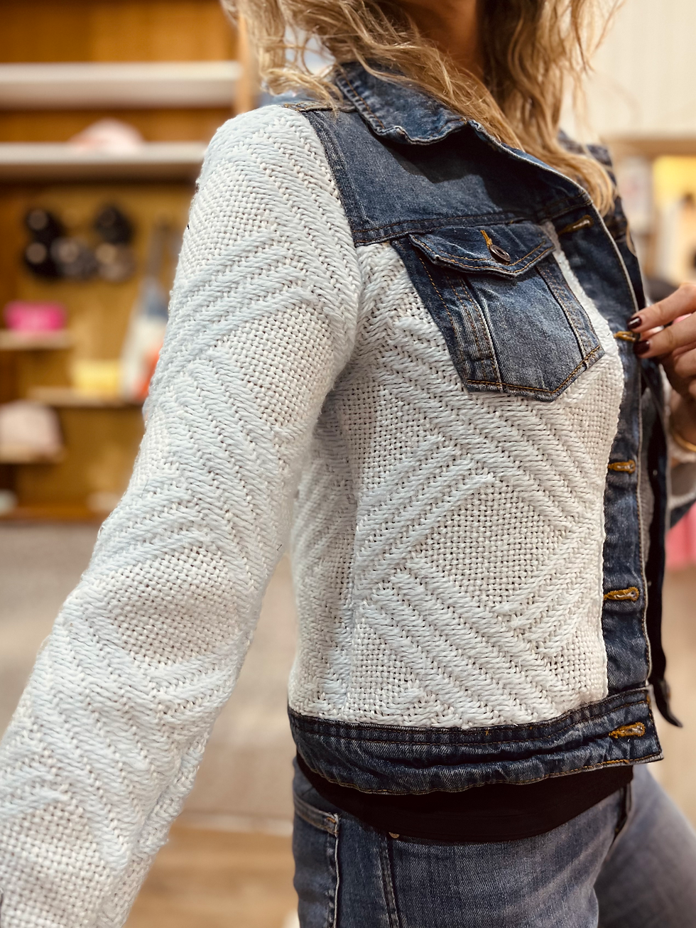 Miniature : Veste Cocoon T. S - Jean/Plaid Blanc et bleu