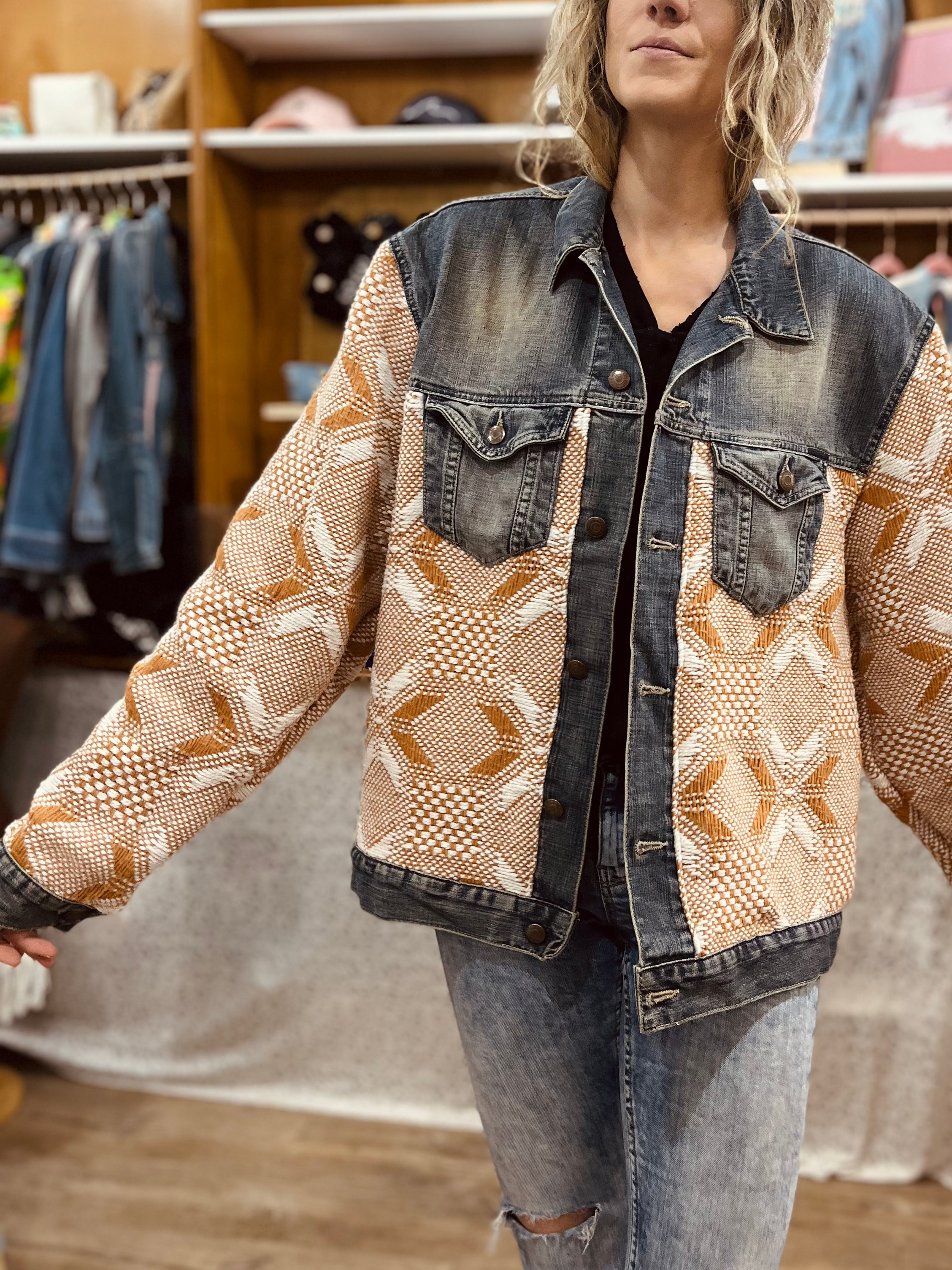 Veste Cocoon T.XXL - Jean/Plaid Blanc et Moutarde